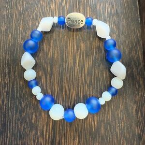 LuckyLu Peace Beaded Stackable Bracelet Elastic Bag Charm Blue Silver